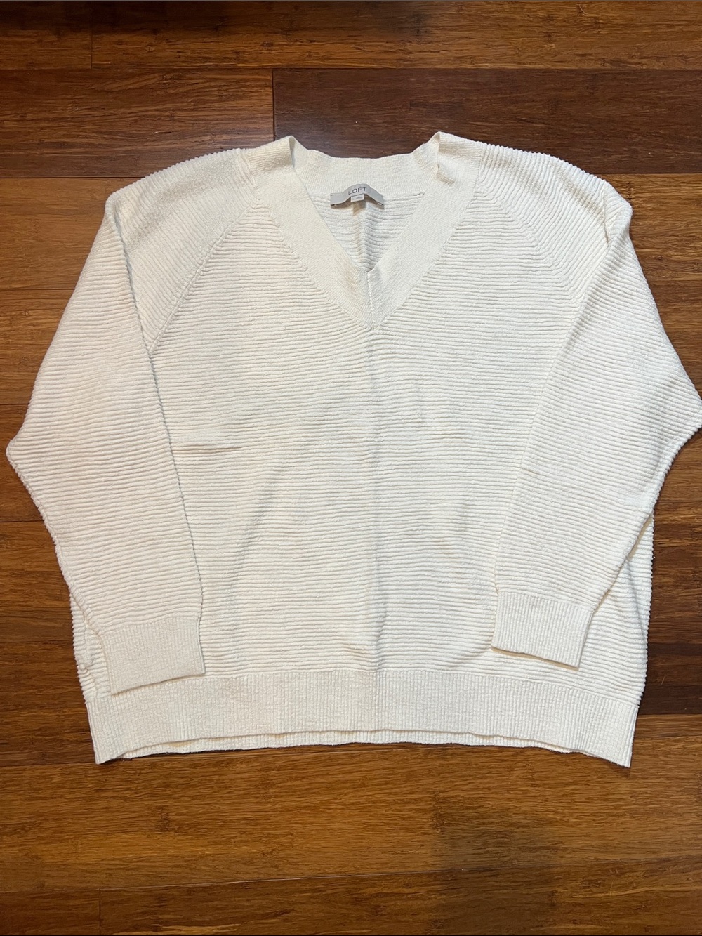 LOFT Cream V-Neck Ribbed Sweater